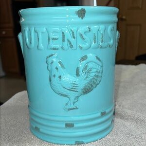 Turquoise Utensil Holder with Rooster Design